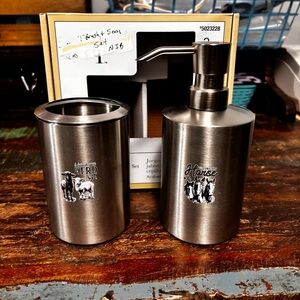 Soap Pump & Toothbrush Holder Set Brushed Nickel Finish - Farmhouse Theme